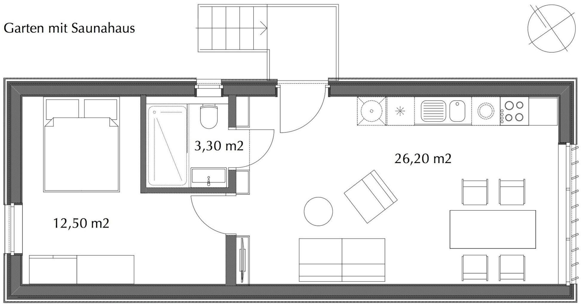 Plan d’étage d’une maison avec un sauna, comprenant une salle de bain de 3,30 m², un salon de 26,20 m² et une chambre de 12,50 m².