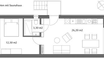 Plan d’étage d’une maison avec un sauna, comprenant une salle de bain de 3,30 m², un salon de 26,20 m² et une chambre de 12,50 m².