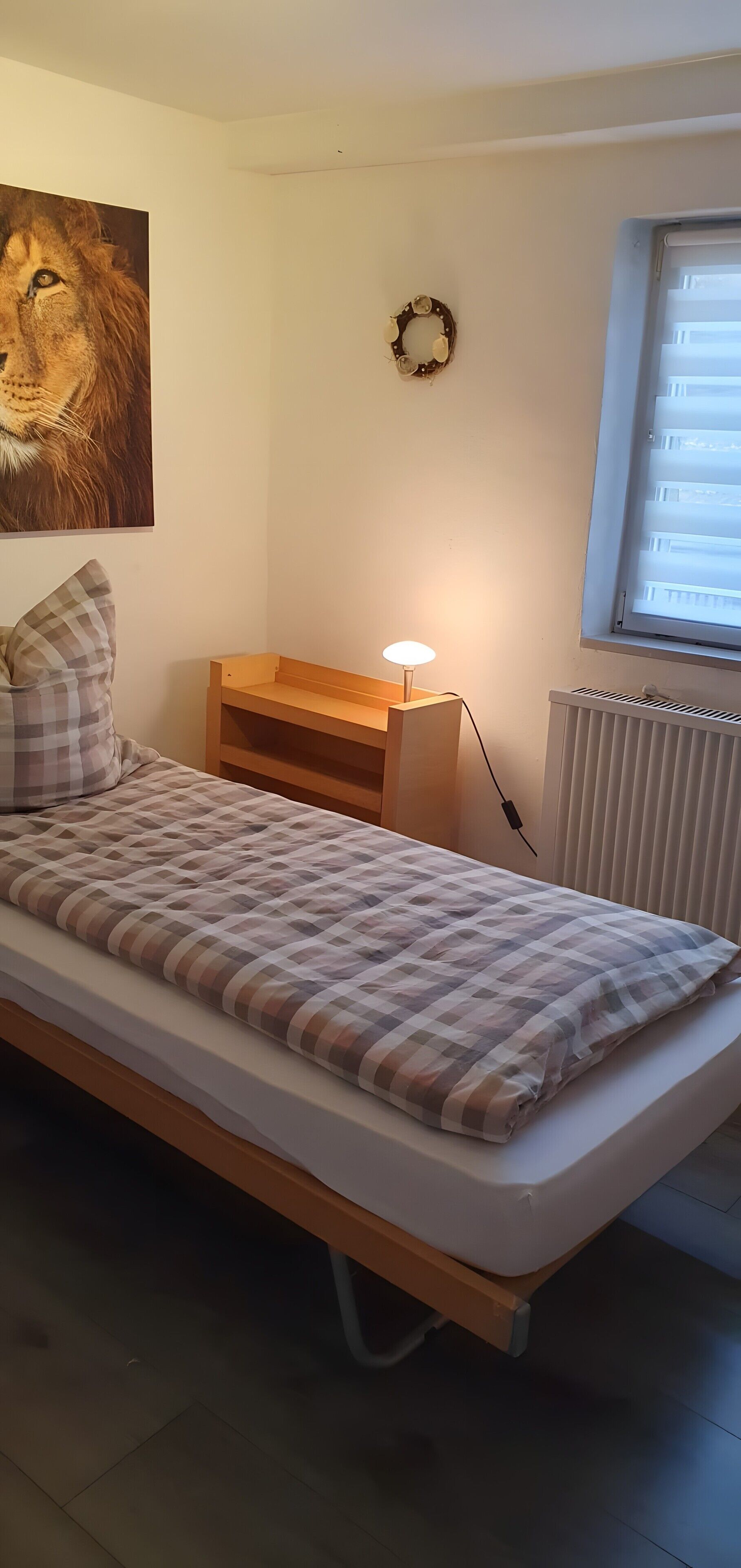 Ein Einzelbett mit karierter Decke, ein Nachttisch mit Lampe, eine Heizung, ein Fenster mit Jalousien und ein Löwenbild an der Wand.