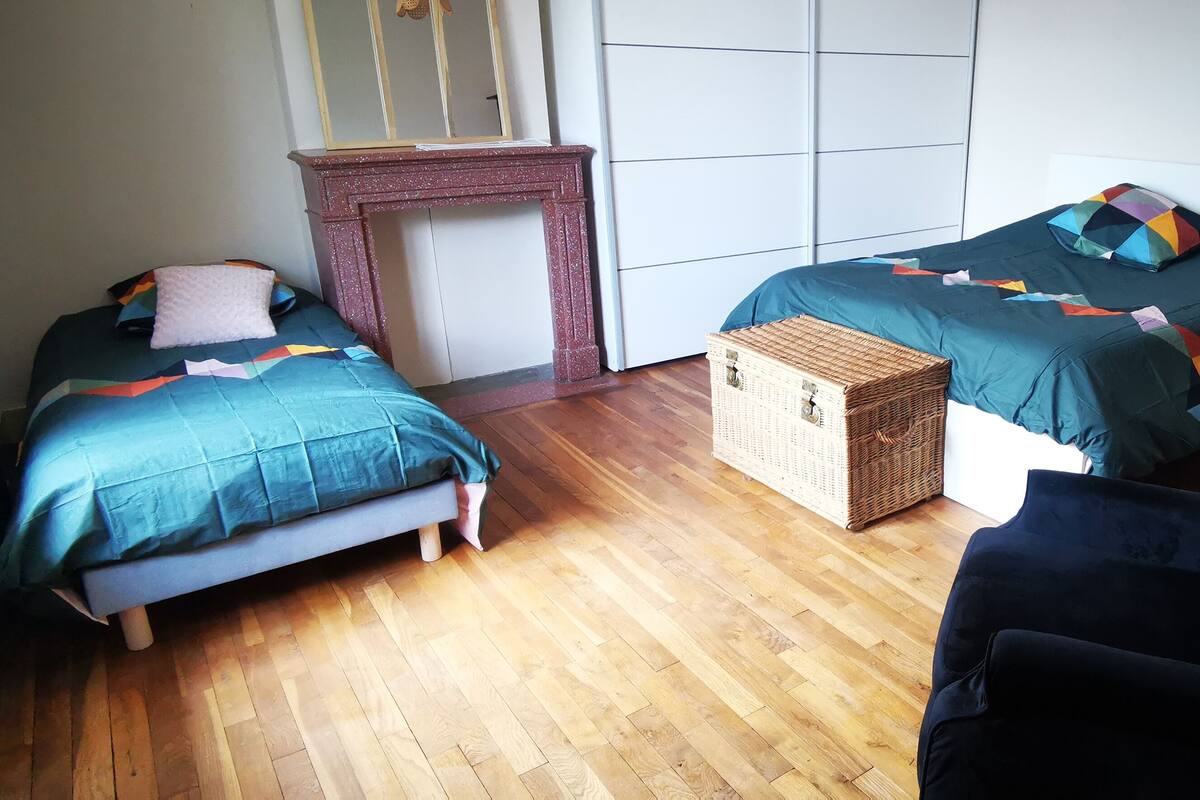 A room with two beds, a chair, a fireplace, and a radiator.