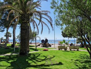 A park with palm trees, benches, and a view of the sea.
