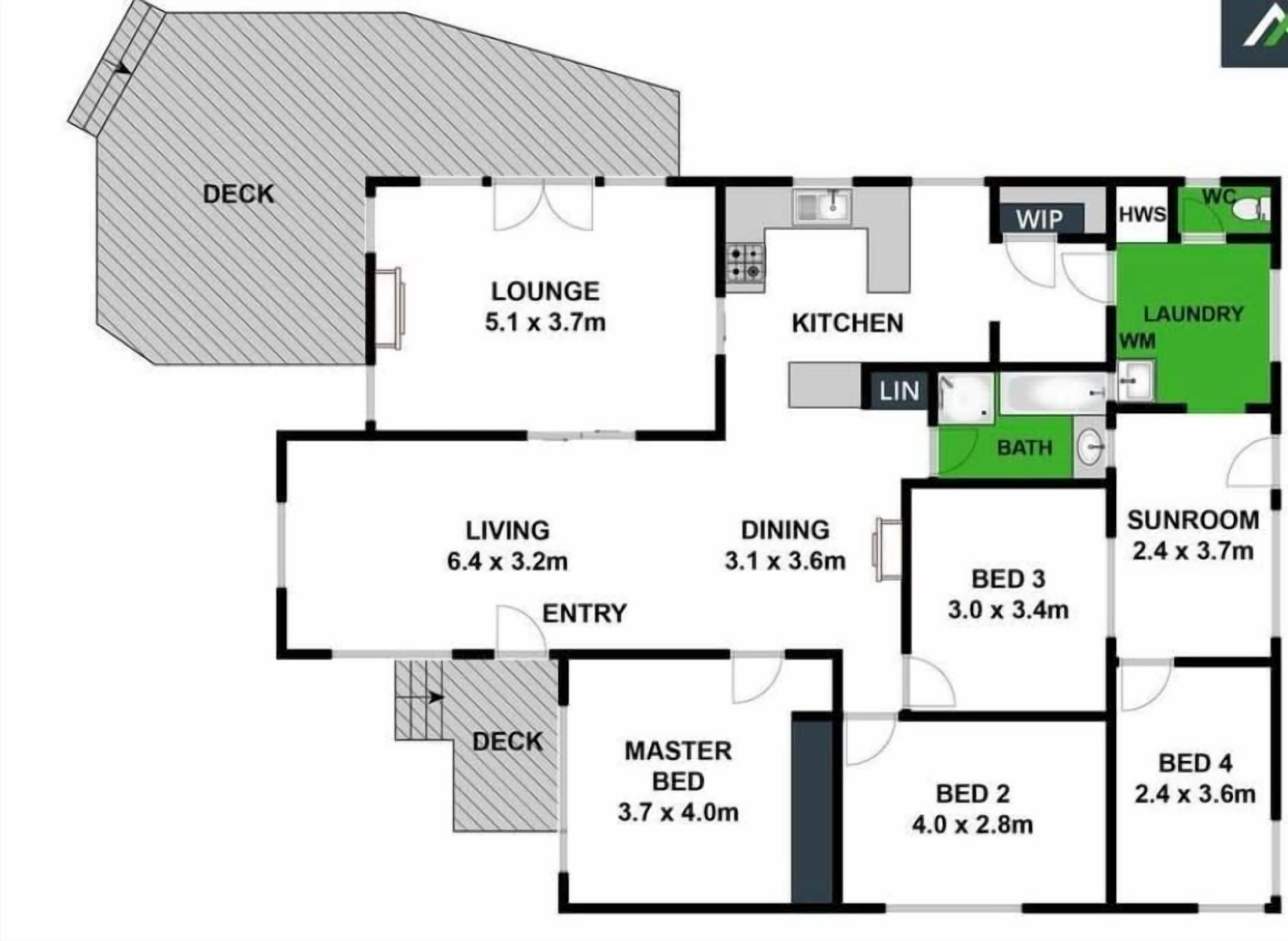 A floor plan with a deck, lounge, kitchen, dining, master bedroom, master bathroom, two guest bedrooms, a sunroom, and a laundry area.