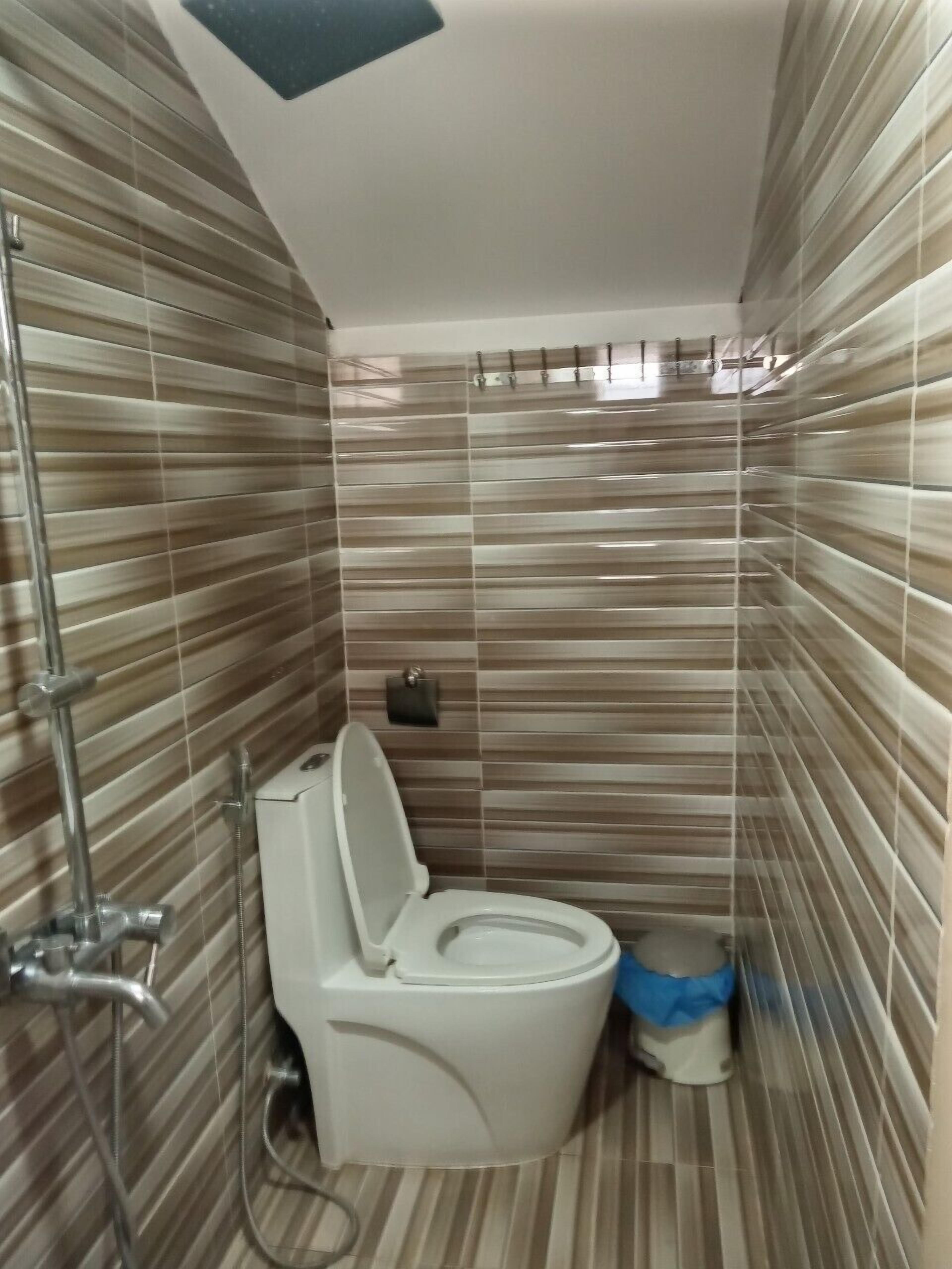A small, narrow bathroom with striped tile walls and a white toilet.