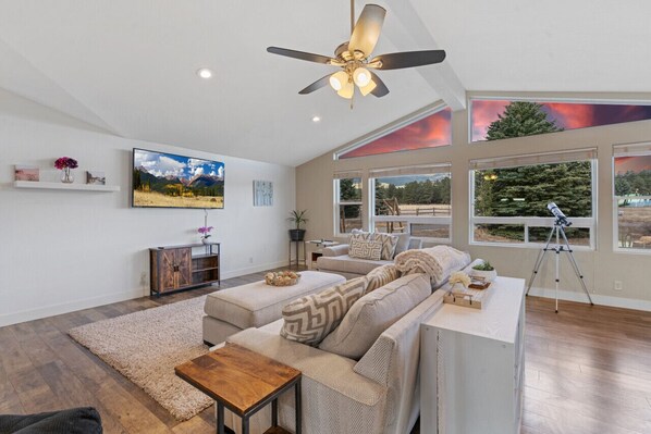 Smart TV, fireplace, video games, table football