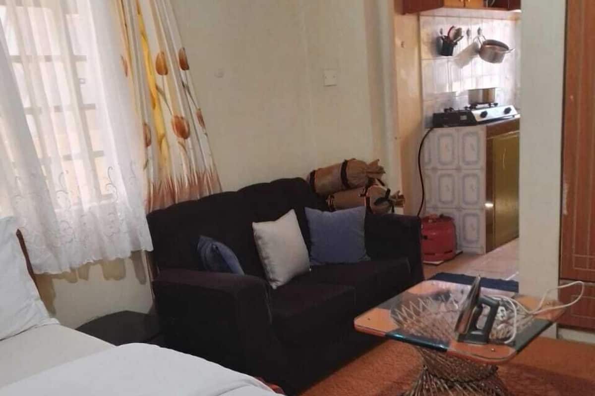 A room with a bed, a sofa, and a small table with a decorative item.