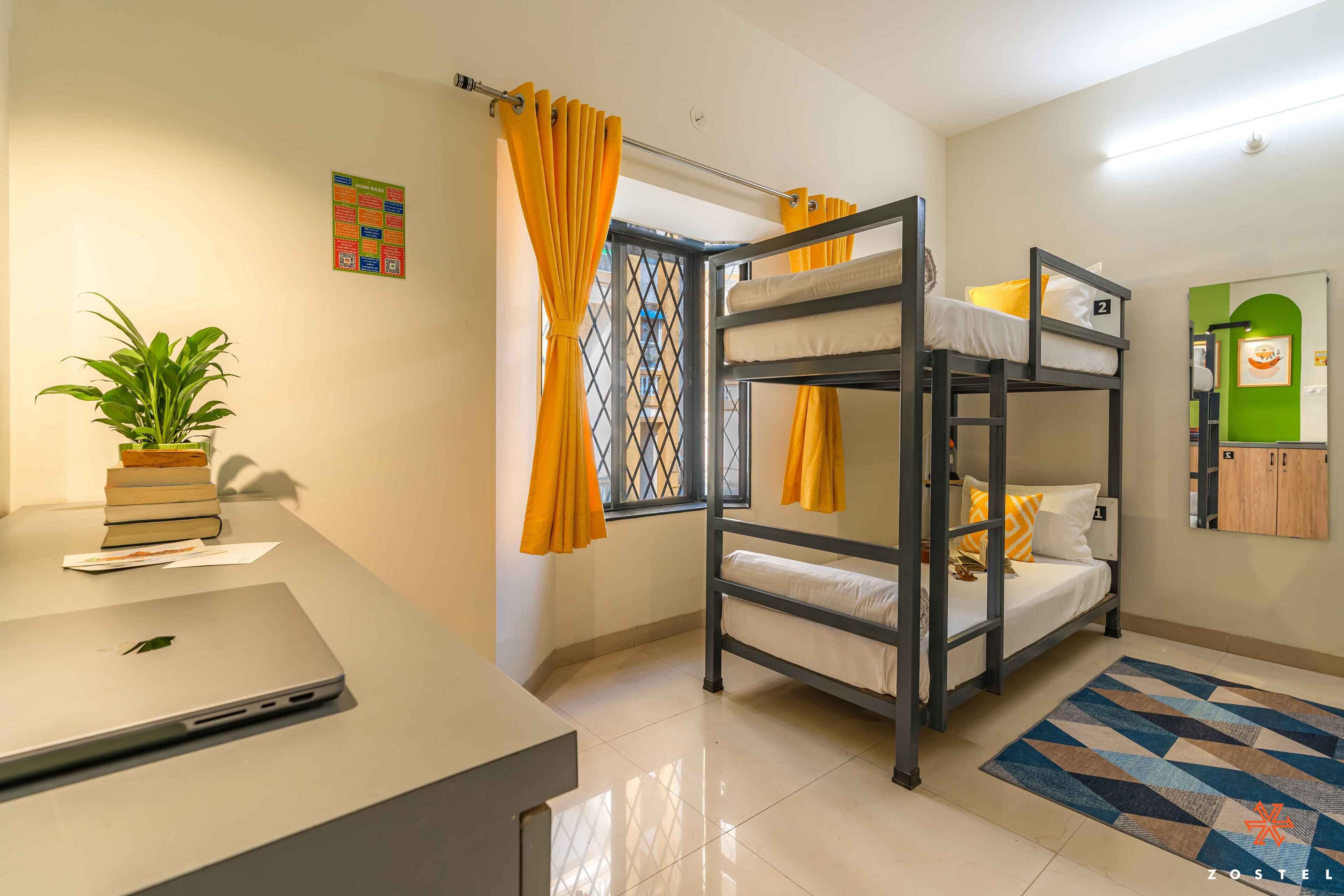 A dormitory room with bunk beds, a desk with a laptop, a potted plant, and a window with curtains.