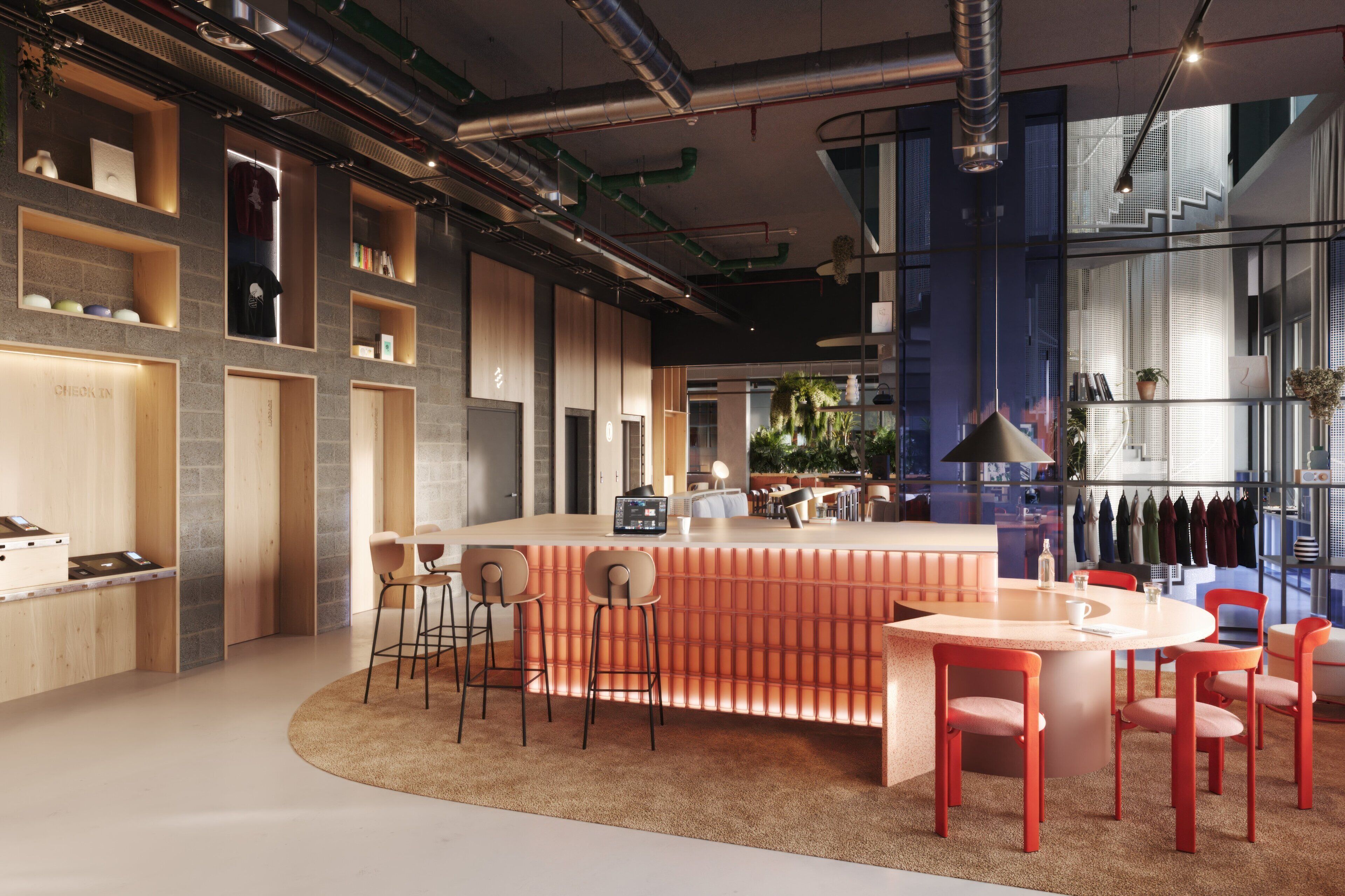 A modern bar area with a central island, seating, and a view of the cityscape through large windows.