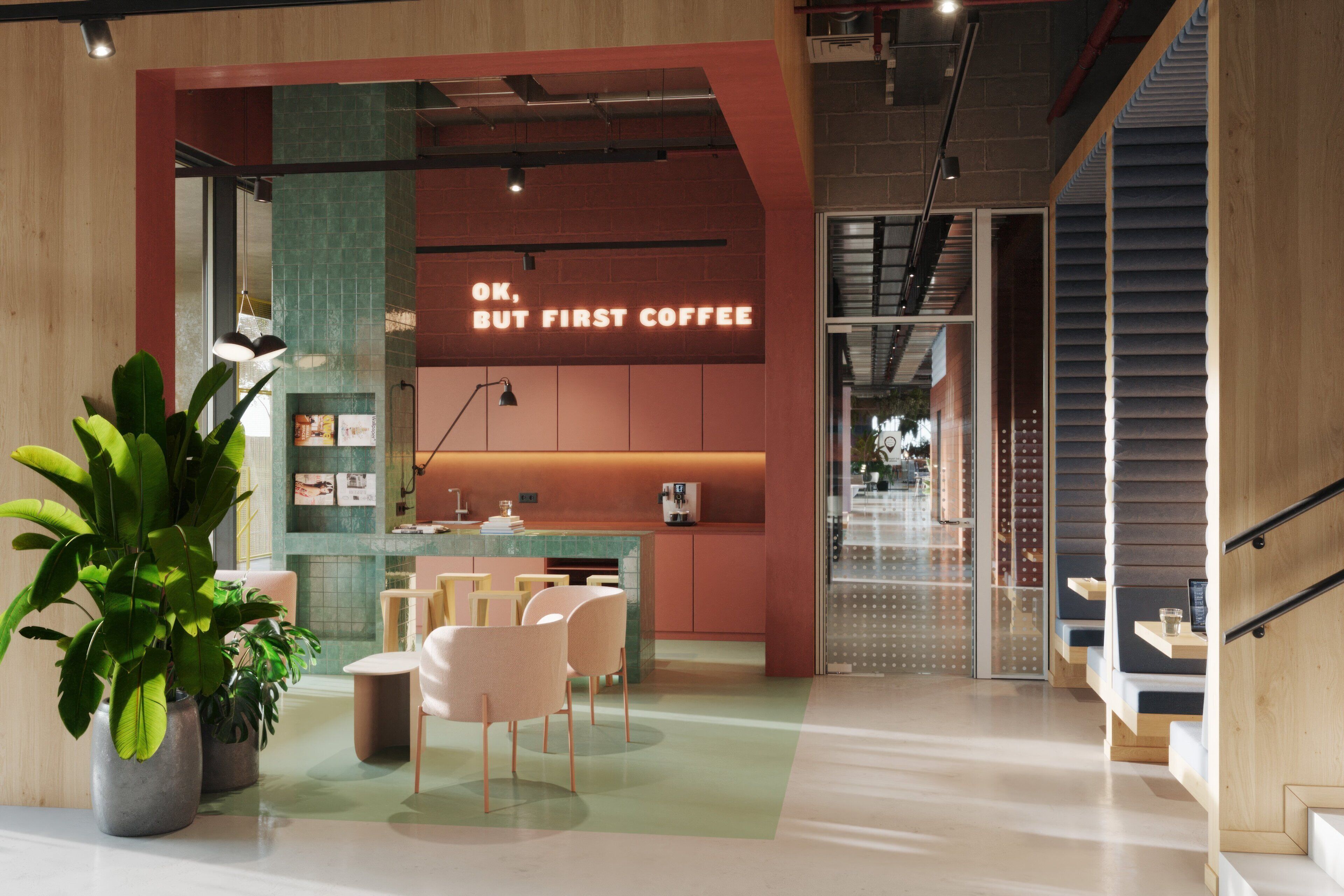 A modern interior with a bar area, seating, and a staircase.
