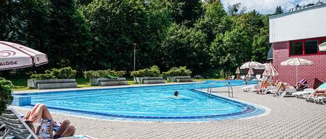 Un área de piscina con sillas de descanso y sombrillas, rodeada de vegetación.