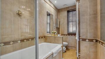 Hair dryer, towels, soap, shampoo