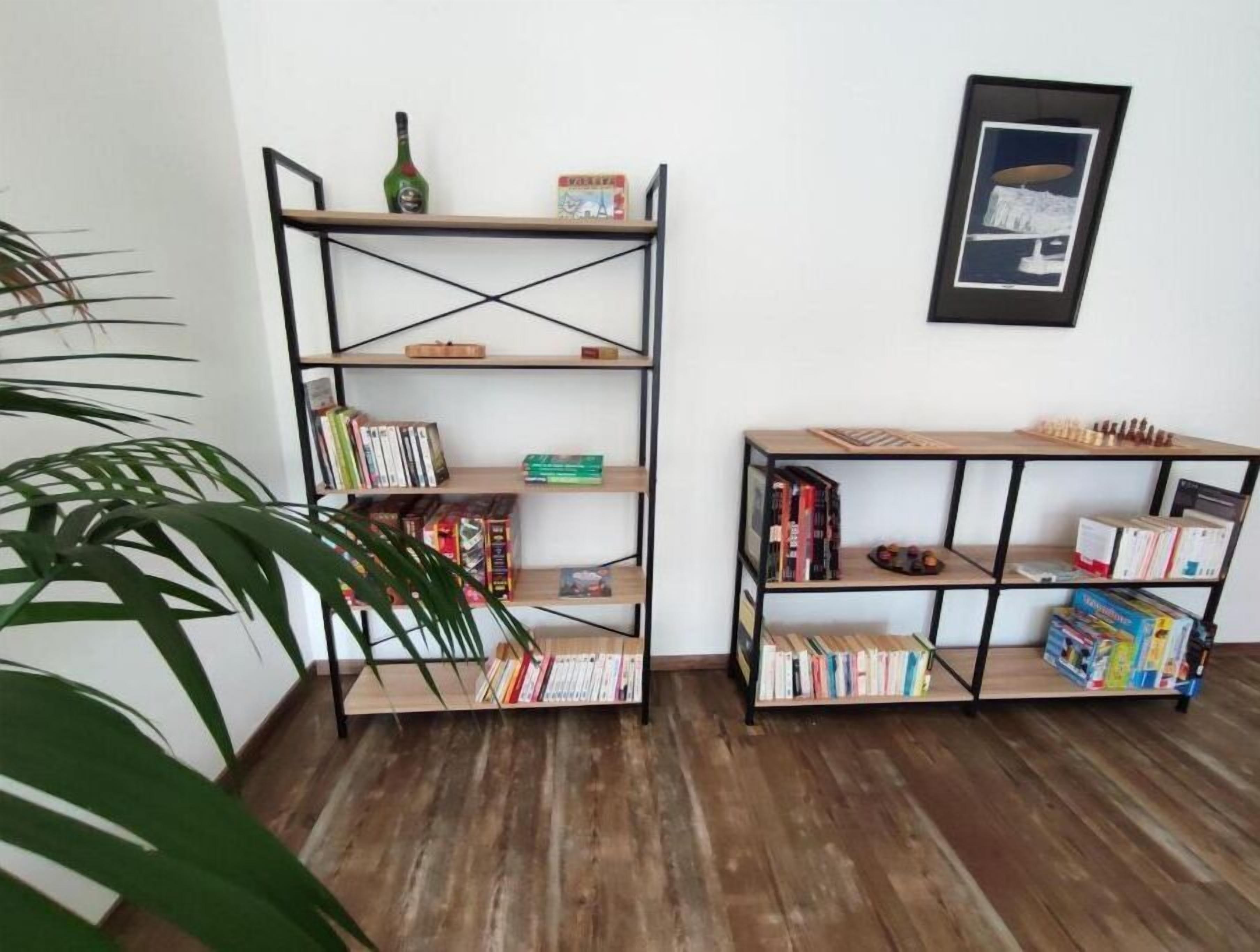 A room with two wooden bookshelves filled with books and board games, a framed picture on the wall, and a potted plant.