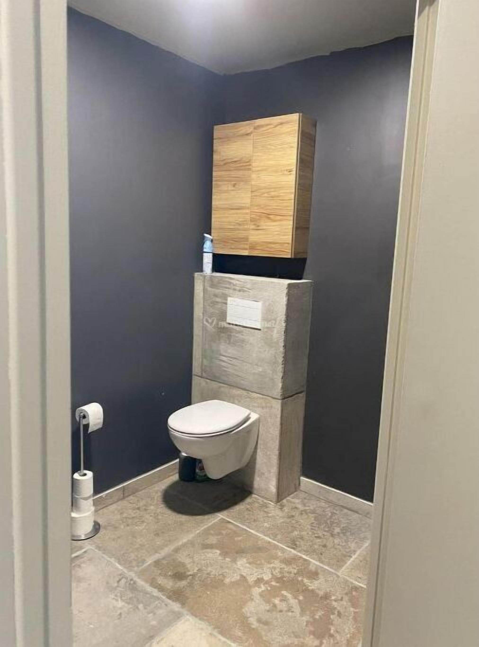 Une petite salle de bain avec des toilettes, un meuble en bois et un porte-rouleau de papier toilette.