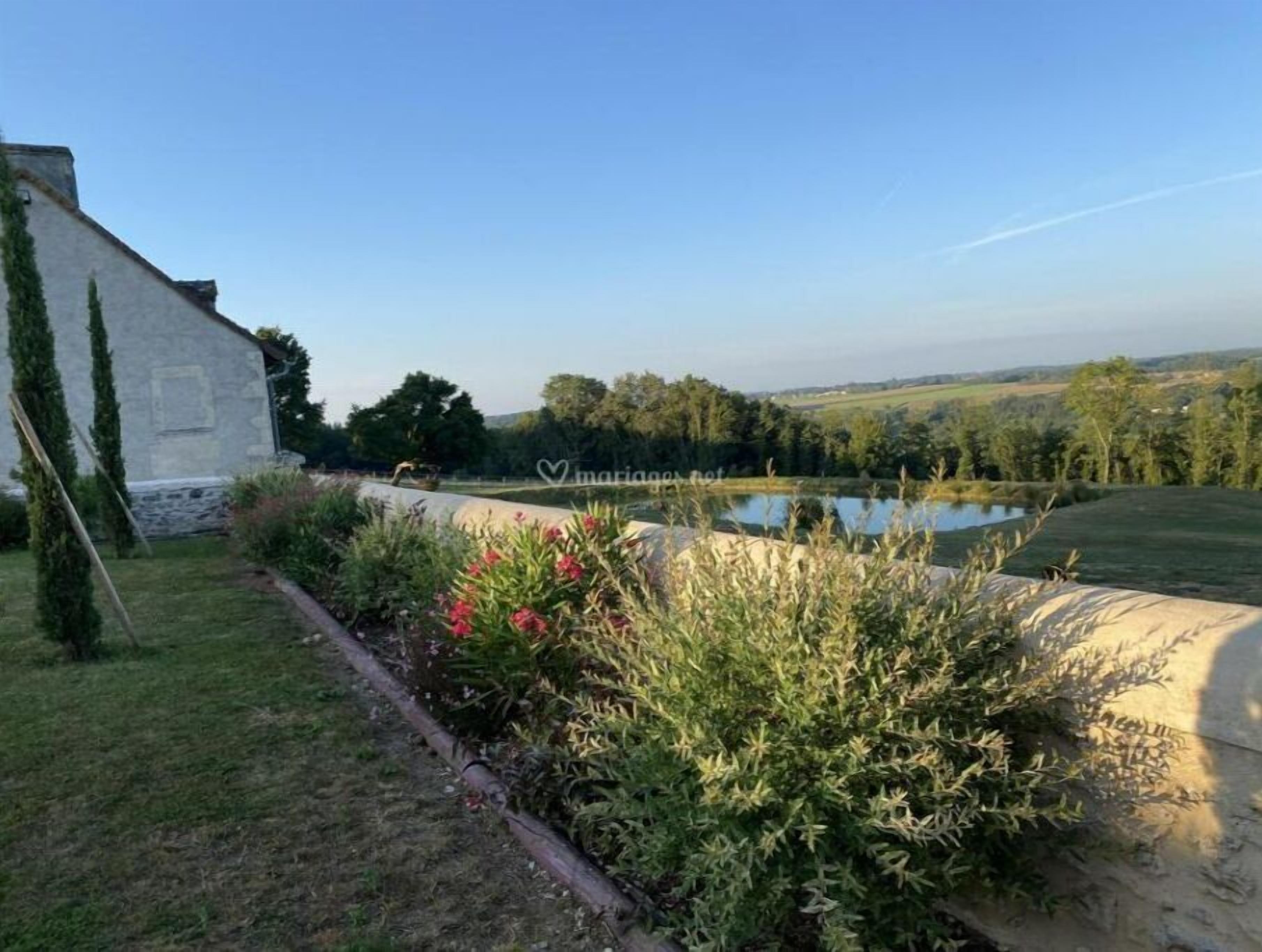 A garden with a pond, a white building, and a clear sky.