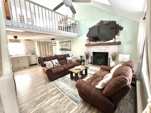 Smart TV, fireplace, video games, DVD player