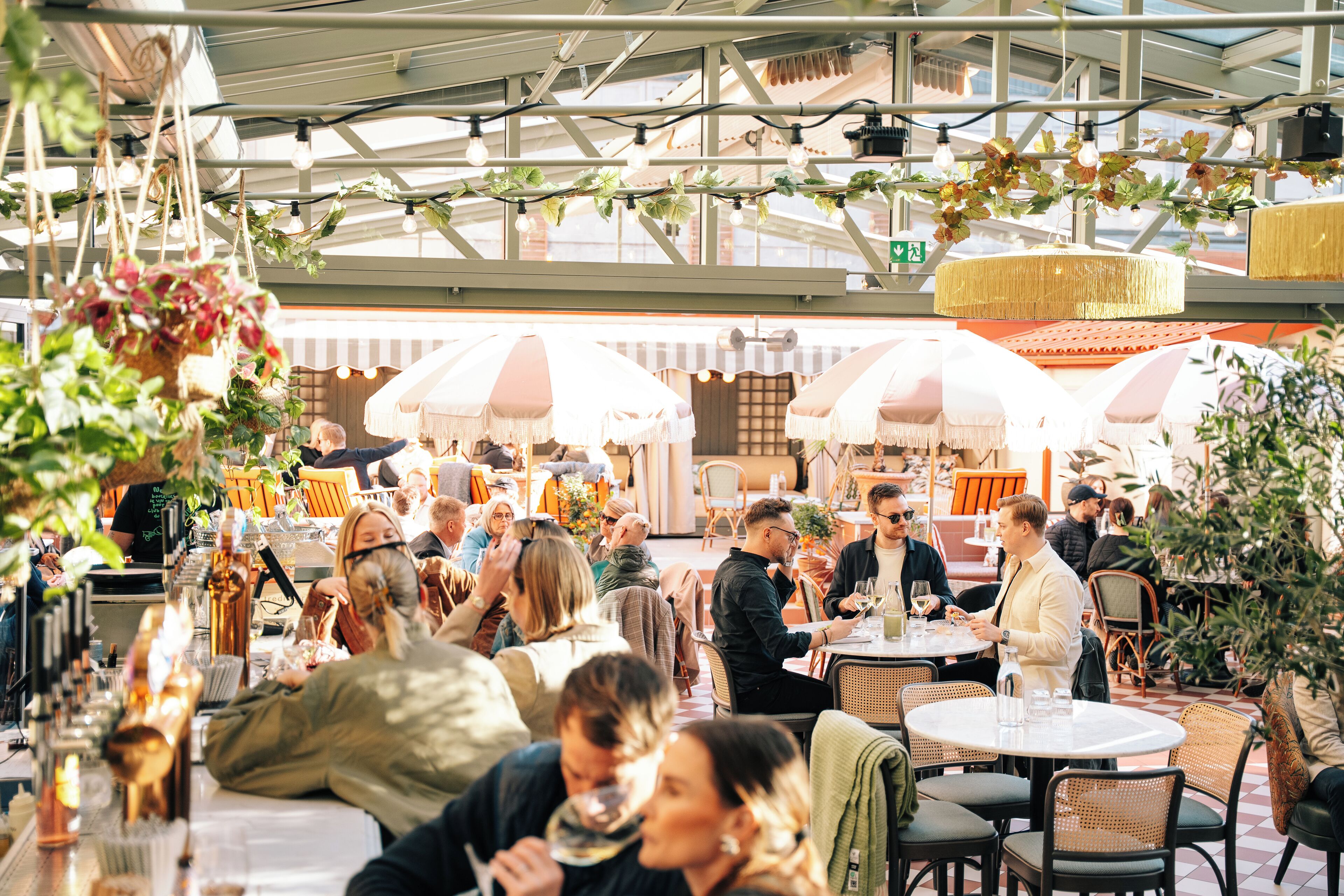 An outdoor dining area with multiple tables and chairs, surrounded by hanging plants and umbrellas.