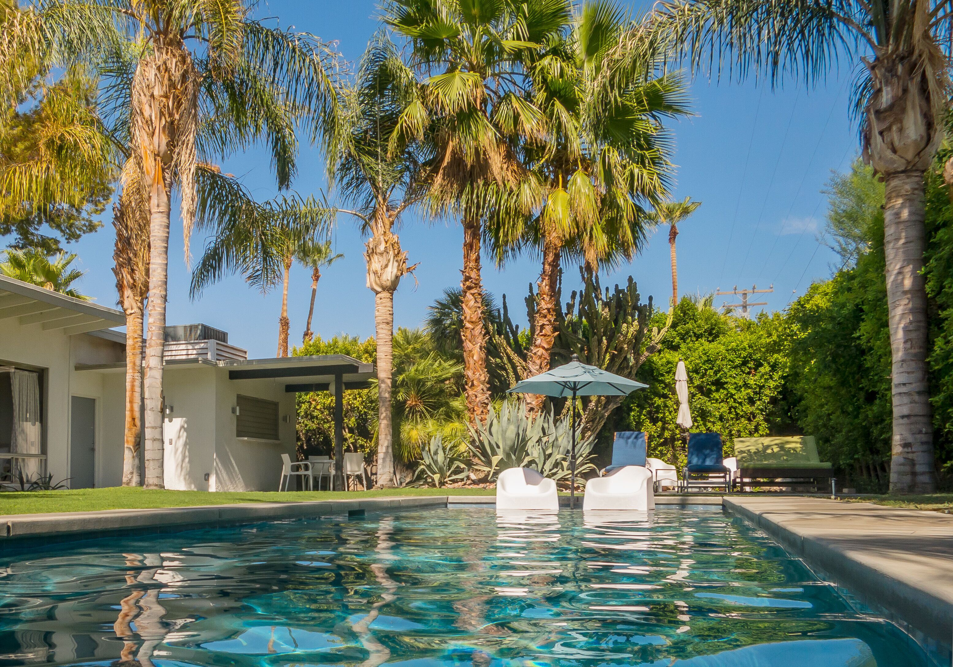 A swimming pool with lounge chairs and umbrellas, surrounded by palm trees and a modern building.