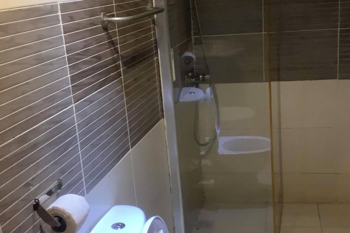 A bathroom with a toilet, a shower, and a toilet paper holder.