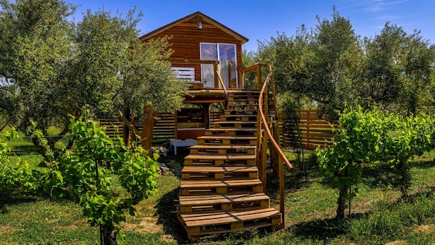 Une cabane en bois avec un escalier en colimaçon menant à une véranda vitrée.