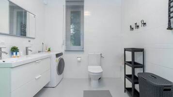 Douche, sèche-cheveux, shampoing