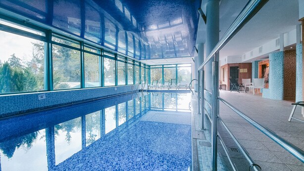 Una piscina interior con paredes de vidrio transparente, suelo de baldosas y vistas a árboles desde el exterior.