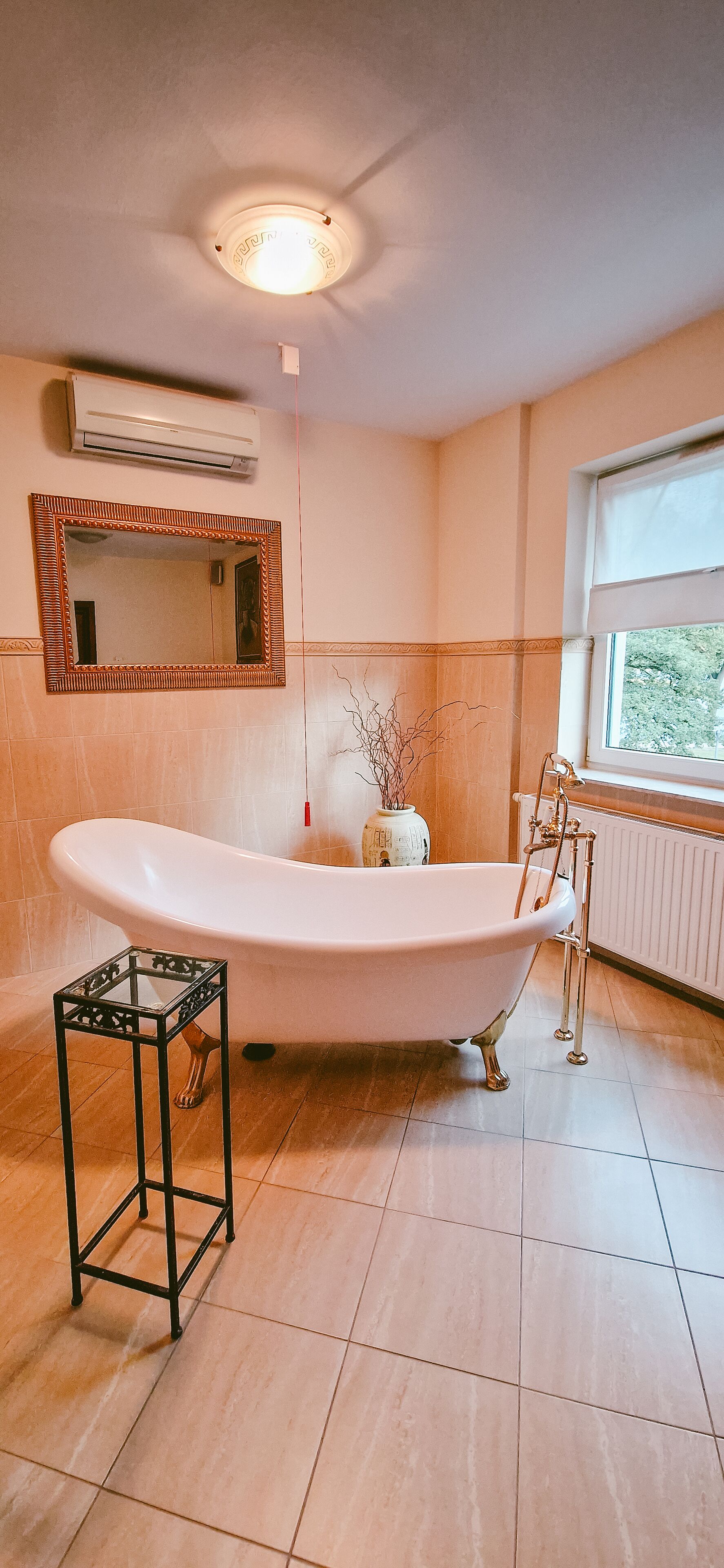 Une salle de bain avec une baignoire sur pieds, un miroir et un radiateur près d’une fenêtre.