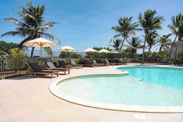 A pool area with lounge chairs and umbrellas, surrounded by palm trees.