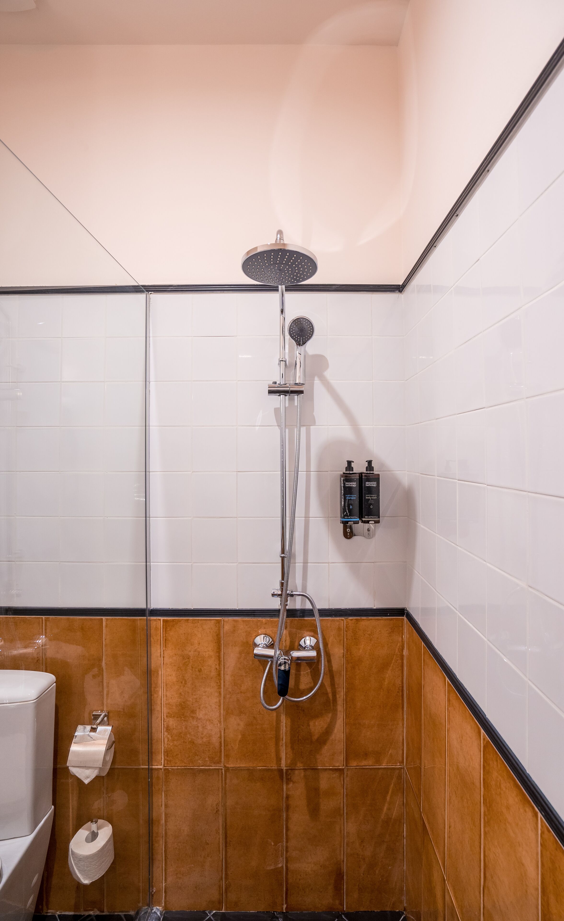 A shower with a handheld showerhead, a wall-mounted faucet, and a handheld showerhead. There are two bottles of shampoo and conditioner on the wall.