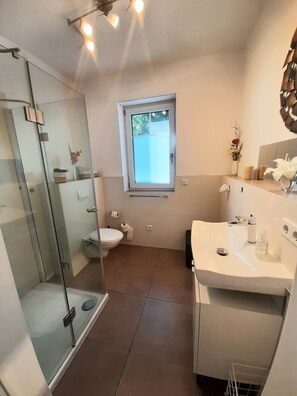 Shower, hair dryer, towels, soap