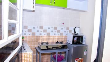 Deluxe Apartment | Private kitchen | Fridge, microwave, cookware/dishes/utensils