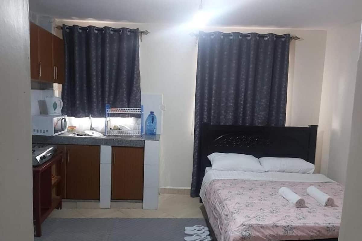 Una habitación compacta con cama, un pequeño rincón de cocina y una ventana con cortinas.
