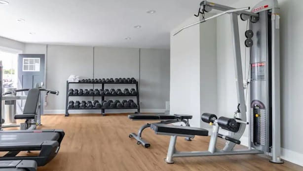 A gym with treadmills, dumbbells, and weight machines.