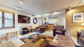 Smart TV, fireplace, video games, DVD player