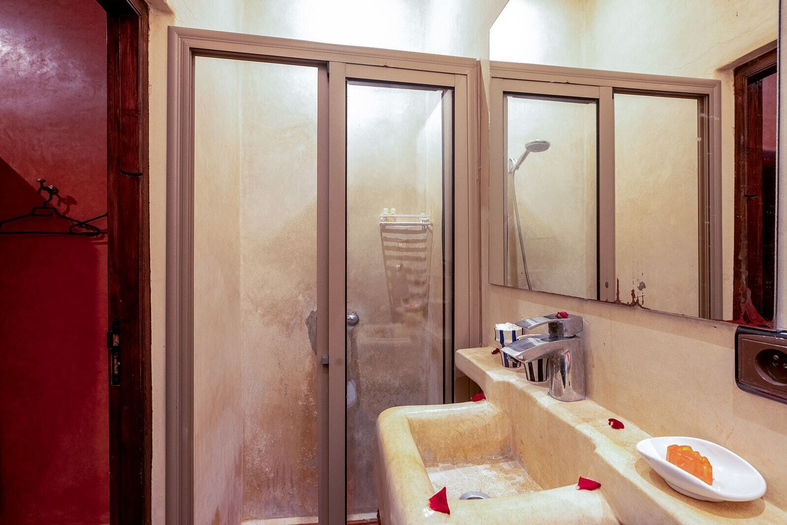 A bathroom with a glass shower enclosure, a sink with toiletries, and a mirror.