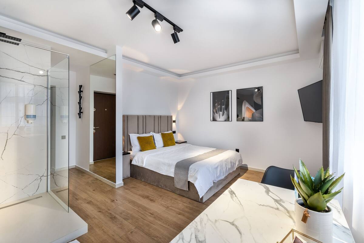 A modern hotel room with a bed, a desk, a potted plant, and a shower area.