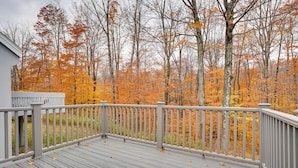 Une terrasse en bois dotée d’une rambarde, d’où l’on peut admirer une forêt aux arbres aux couleurs automnales.