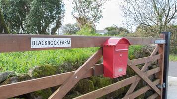 A wooden gate with a sign reading "BLACKROCK FARM" and a red mailbox attached to it.