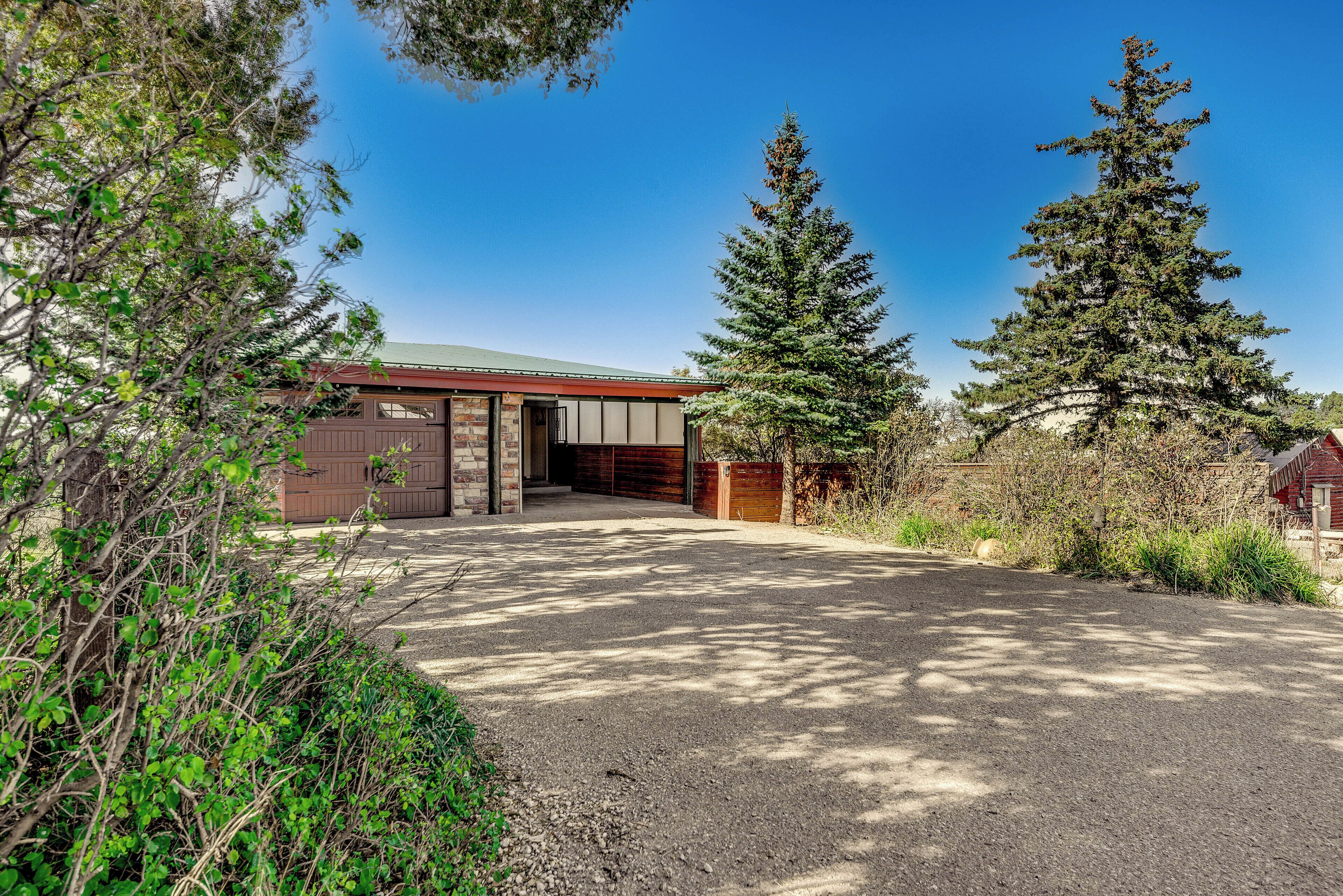 A modern house with a driveway leading to a garage, surrounded by trees and greenery.