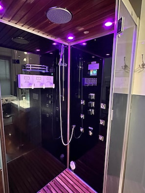 Shower, hair dryer, towels