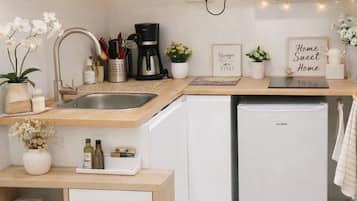 Fridge, microwave, oven, cookware/dishes/utensils