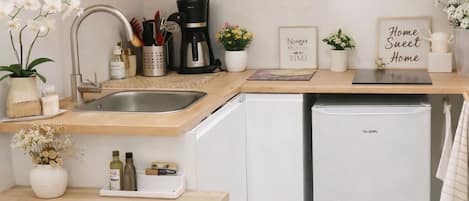 Fridge, microwave, oven, cookware/dishes/utensils