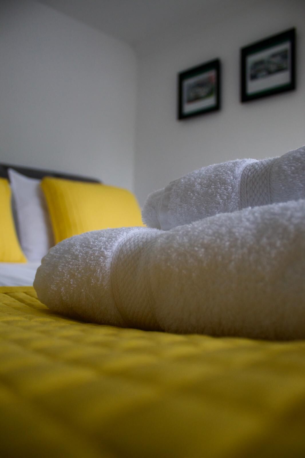 A bed with a yellow bedspread and white pillows, a white fluffy blanket, and two framed pictures on the wall.