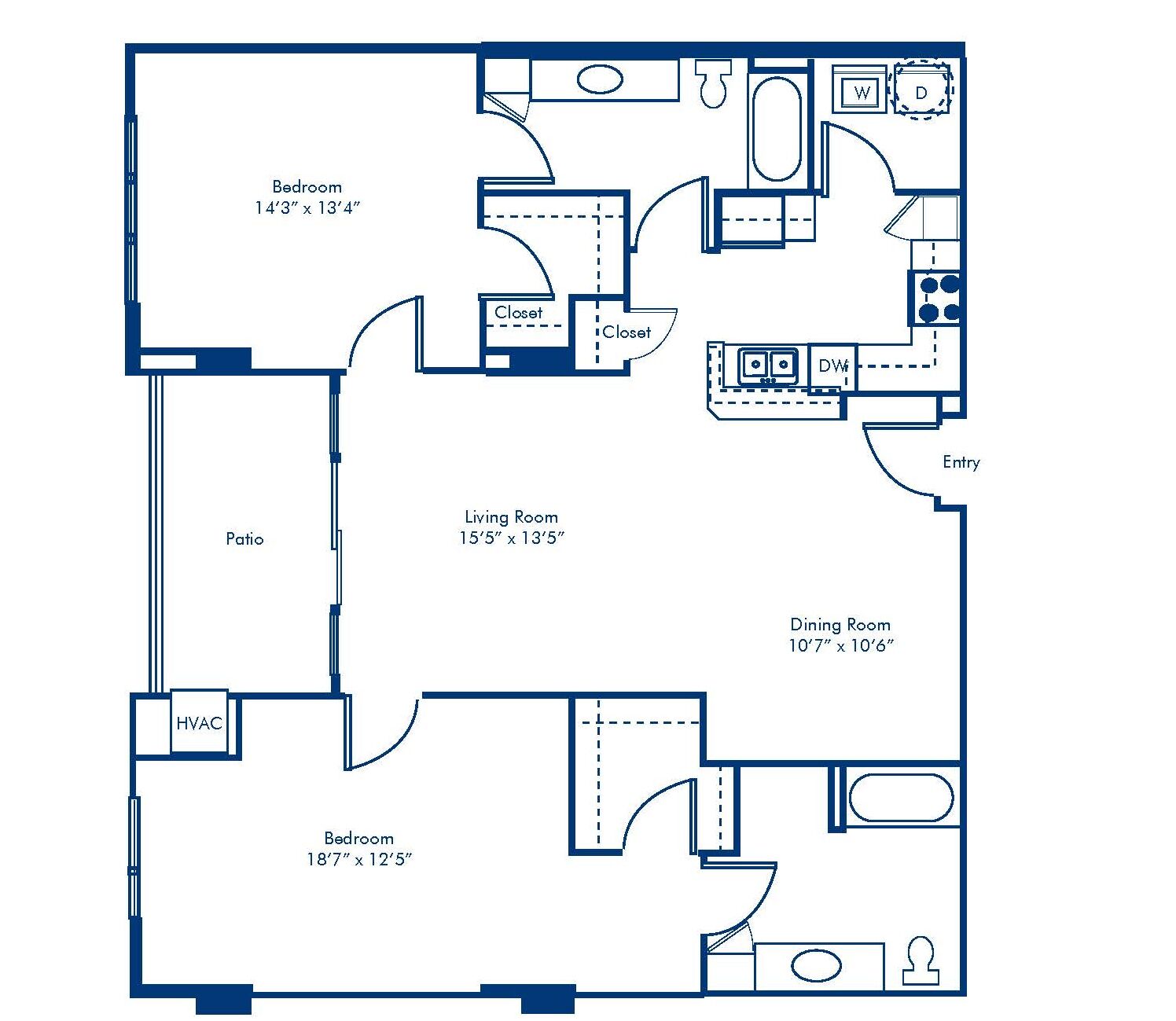 Grundriss eines Hauses mit Terrasse, zwei Schlafzimmern, einem Wohnzimmer, einem Esszimmer und einem Badezimmer.