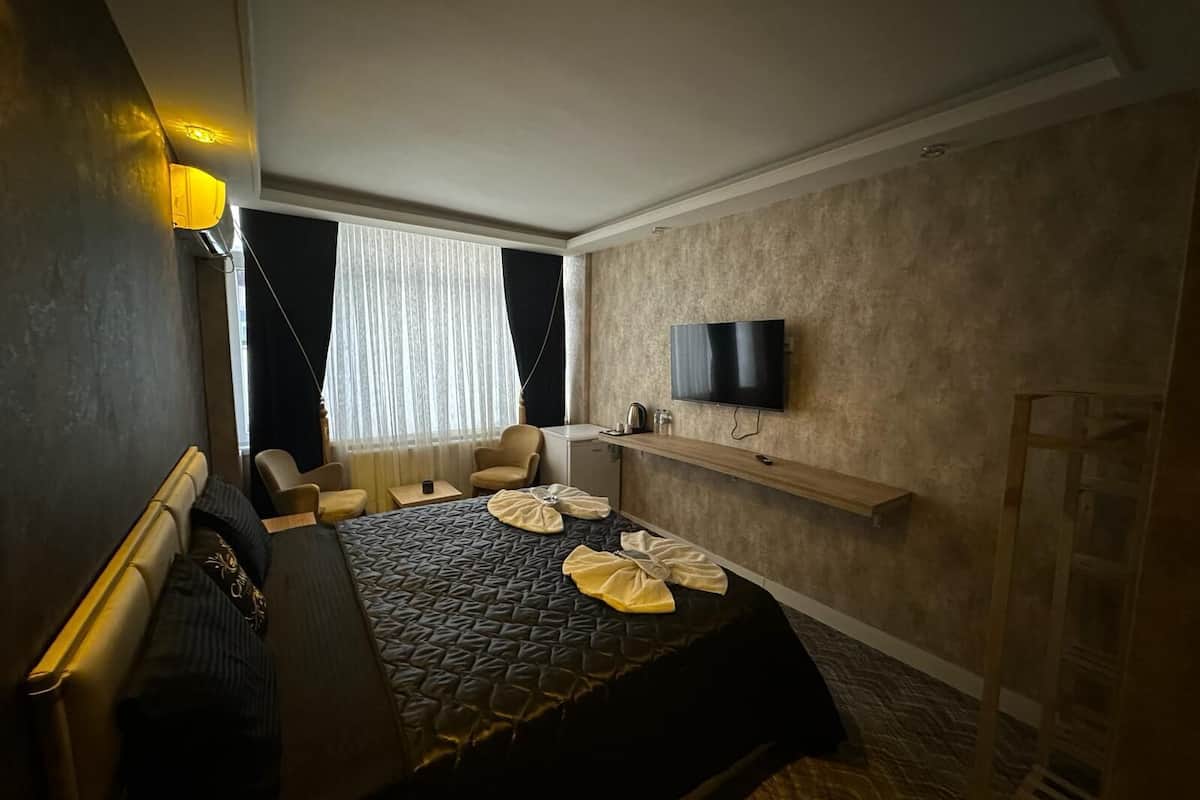 A hotel room with a bed, a desk, a chair, a television, and a window with curtains.