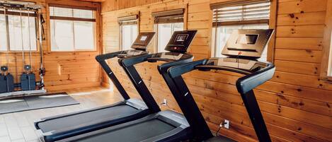A gym with treadmills, exercise equipment, and wooden walls.
