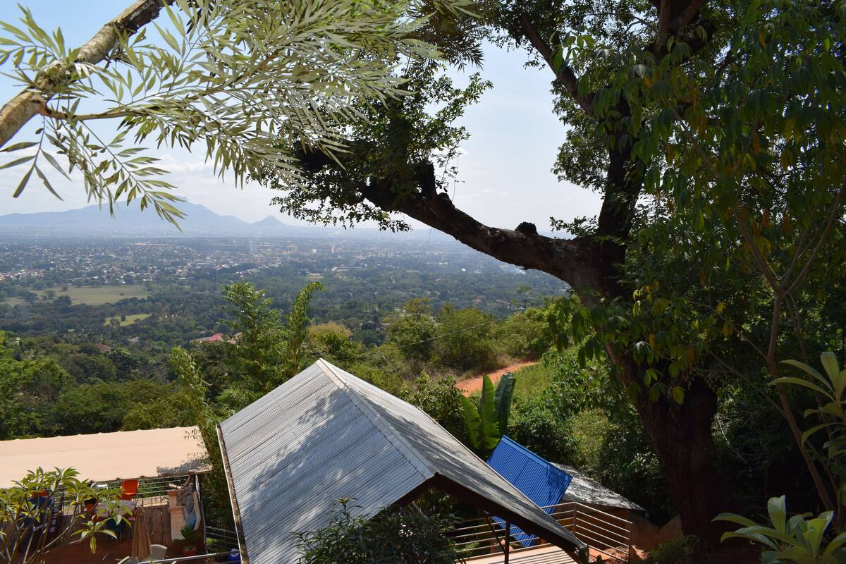 Una casa con techo inclinado, rodeada de abundante vegetación y vista a un paisaje urbano lejano.