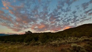 Eine natürliche Landschaft mit hügeligem Gelände und spärlicher Vegetation.