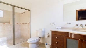 A bathroom with a toilet, a sink, a mirror, and a shower area.