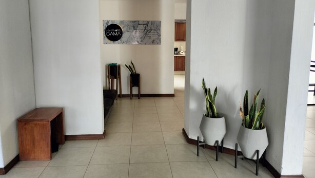 A modern hotel lobby with a marble wall, a wooden bench, and potted plants.