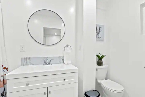 Hair dryer, towels, soap, shampoo