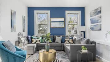 TV, fireplace, books